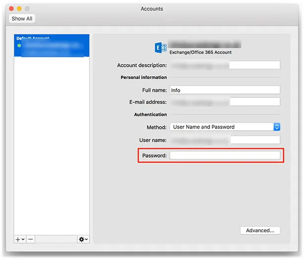 how to change the password for outlook 365 for mac